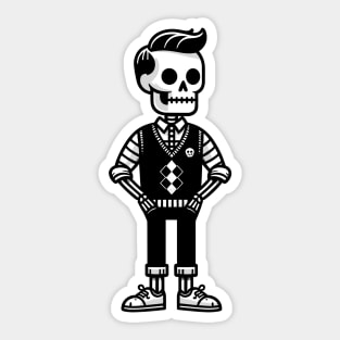 Minimalist Preppy Skeleton - Black and White Cartoon Sticker